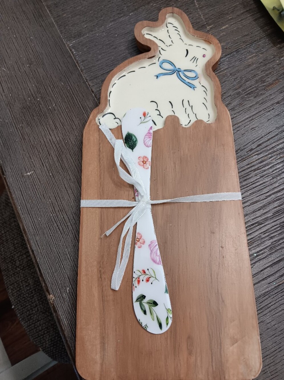 Wood Cutting Board, Floral Ceramic Knife Server with Ribbon
